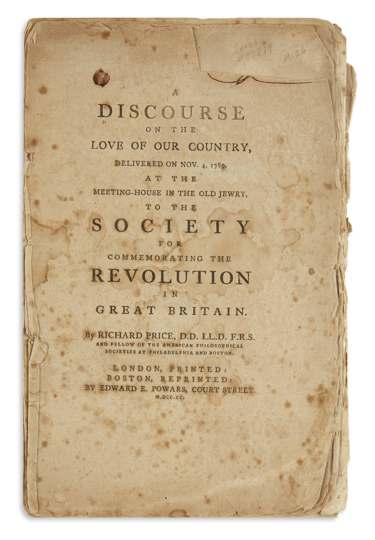 (AMERICAN REVOLUTION--HISTORY.) Price, Richard. A Discourse on the Love of Our Country . . .